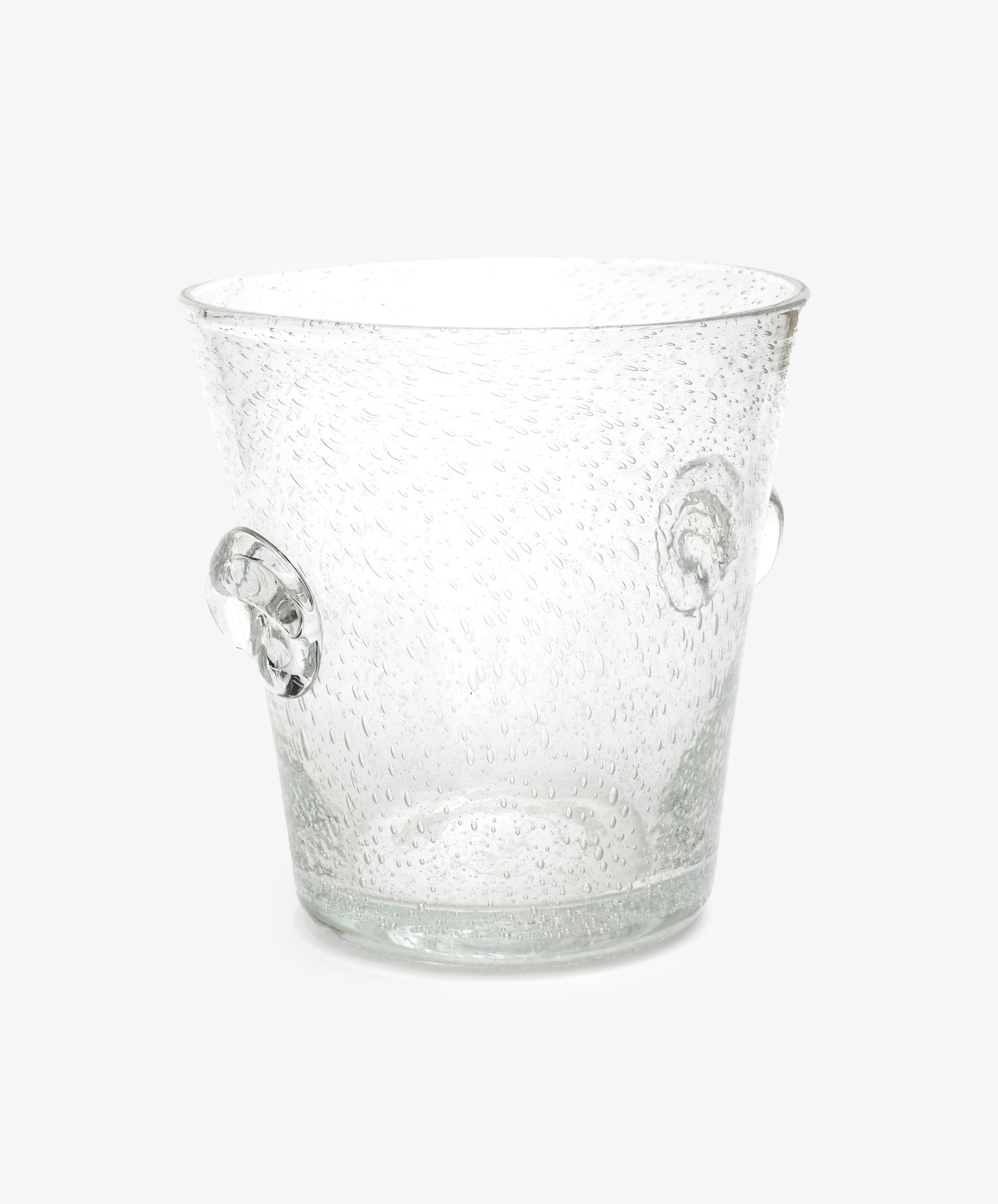 The Lauren Champagne Bucket features clear glass with a textured, bubble-like surface and two round side handles, displayed against a plain white background.