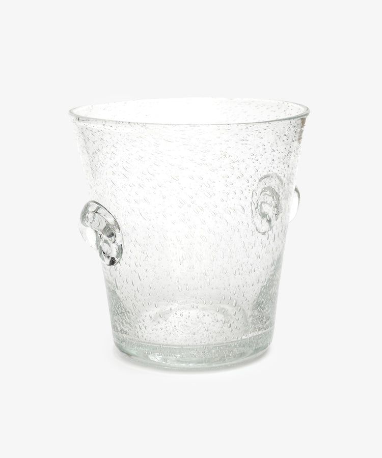 The Lauren Champagne Bucket features clear glass with a textured, bubble-like surface and two round side handles, displayed against a plain white background.