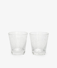 The Lauren Water Glass, Set of 2, features clear, textured glass tumblers with delicate air bubbles across their translucent surfaces, displayed side by side on a plain white background.