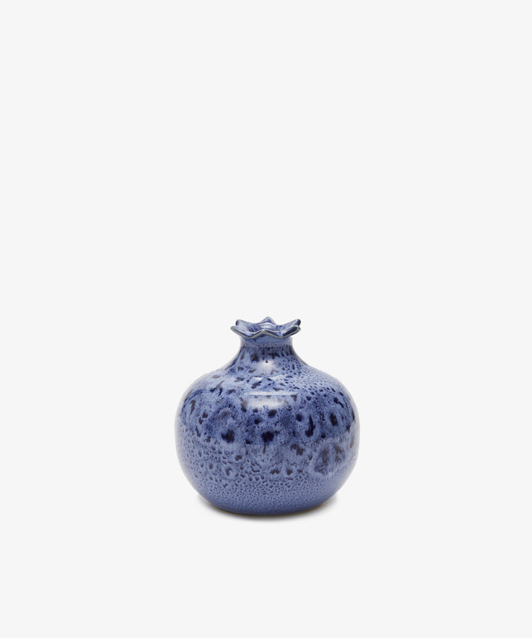 Pom Bud Vase. Mottled blue glazed ceramic vase resembling a pomegranate, small version.