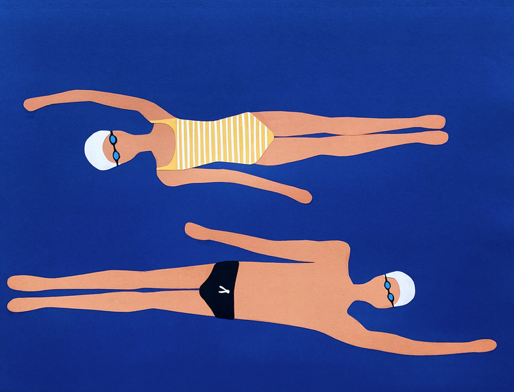 painting of two people swimming