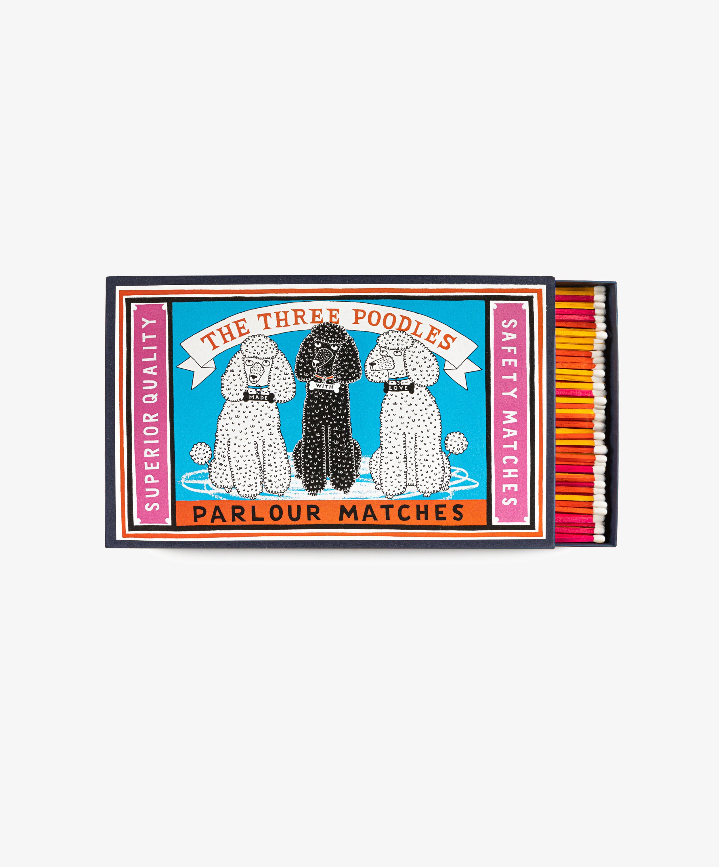 Box of Matches by Archivist Gallery. Rectangular novelty matchbox printed with colorful illustrated poodle dogs.