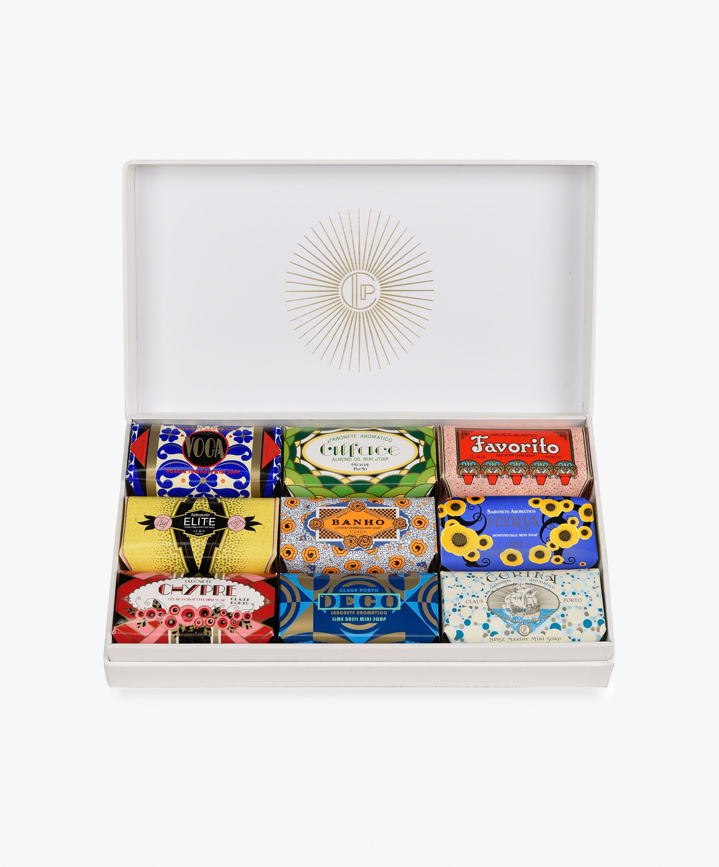 Gift Box of Soaps by Claus Porto. Open box of 9 soap bars in colorful, art deco-inspired packaging.