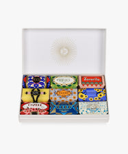 Gift Box of Soaps by Claus Porto. Open box of 9 soap bars in colorful, art deco-inspired packaging.