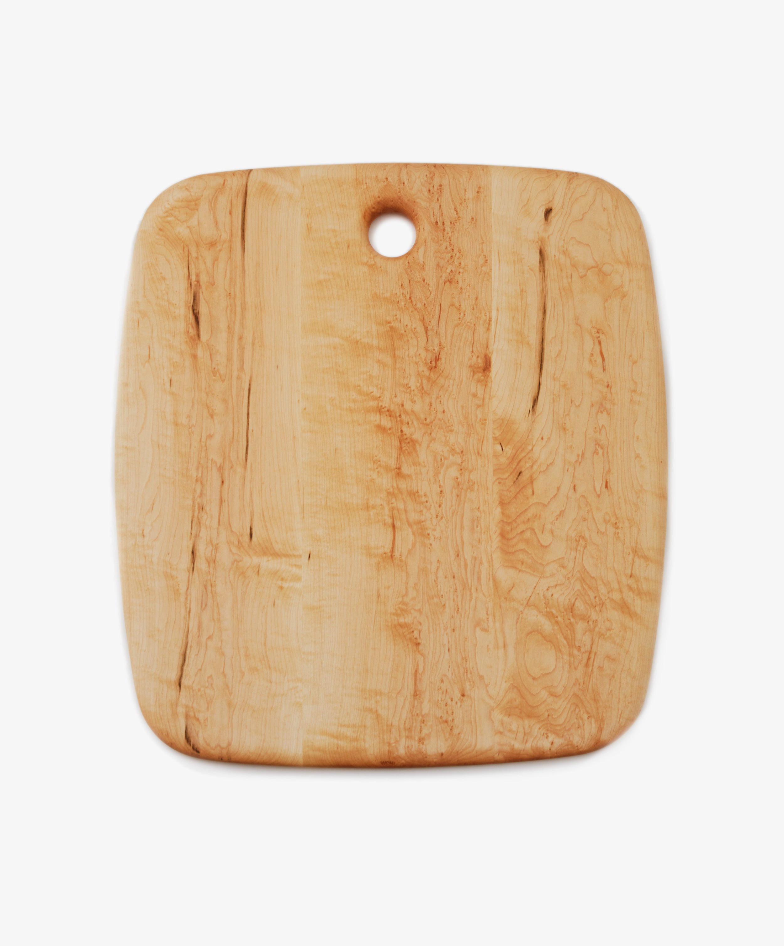Birds Eye Maple Serving Board. Rounded edge extra large rectangular wooden board with circular hole at top centre.
