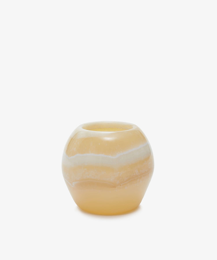 Akila Candle Holder. Semi-translucent white-yellow alabaster stone candle holder with a rounded shape. Extra small size.