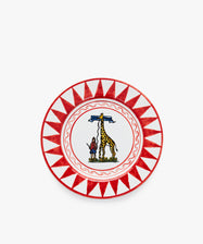 Palio Small Plate in white glazed ceramic with red designs and giraffe motif.