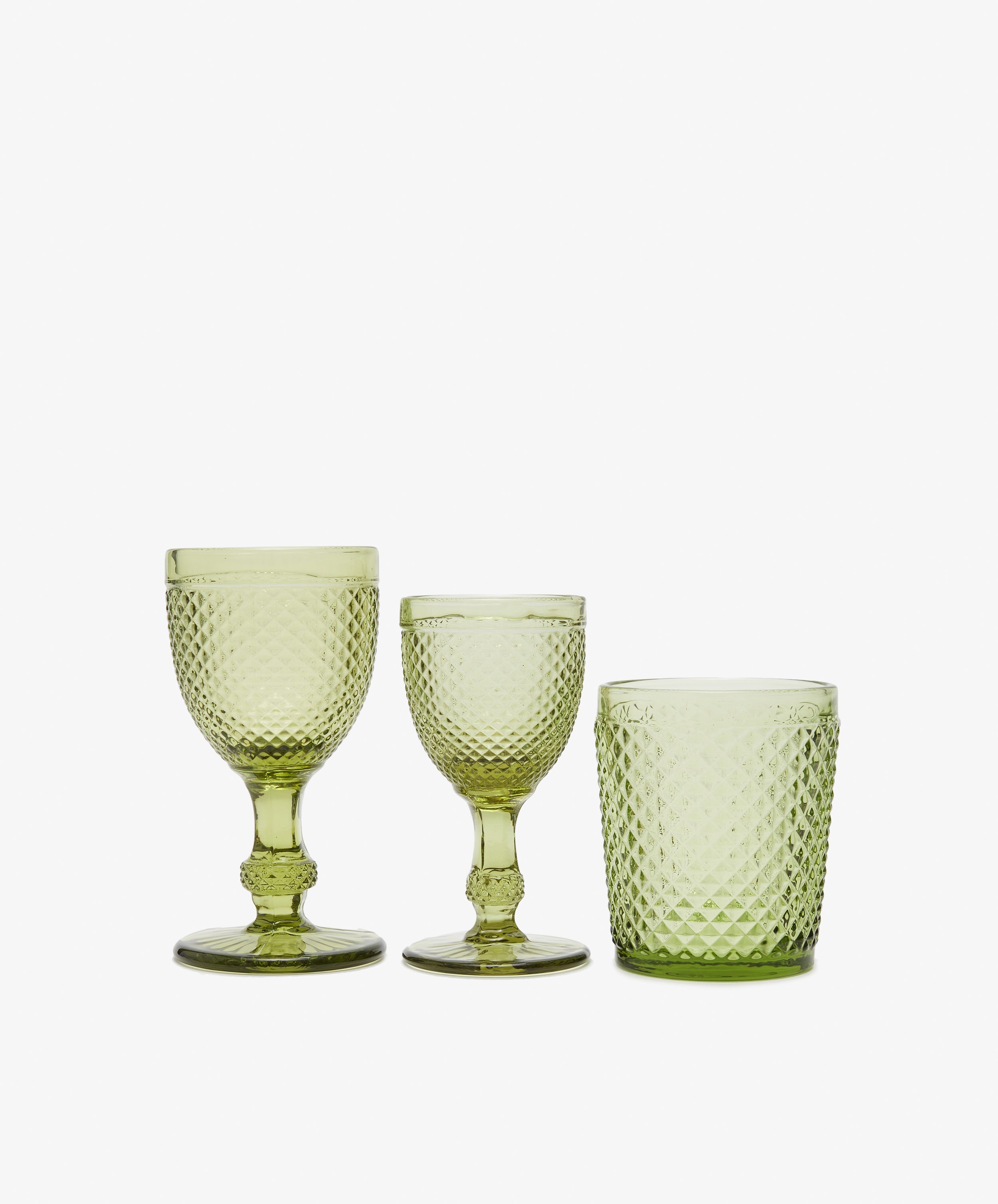 A set of six Celeste White Wine Glasses is arranged side by side on a plain white background.