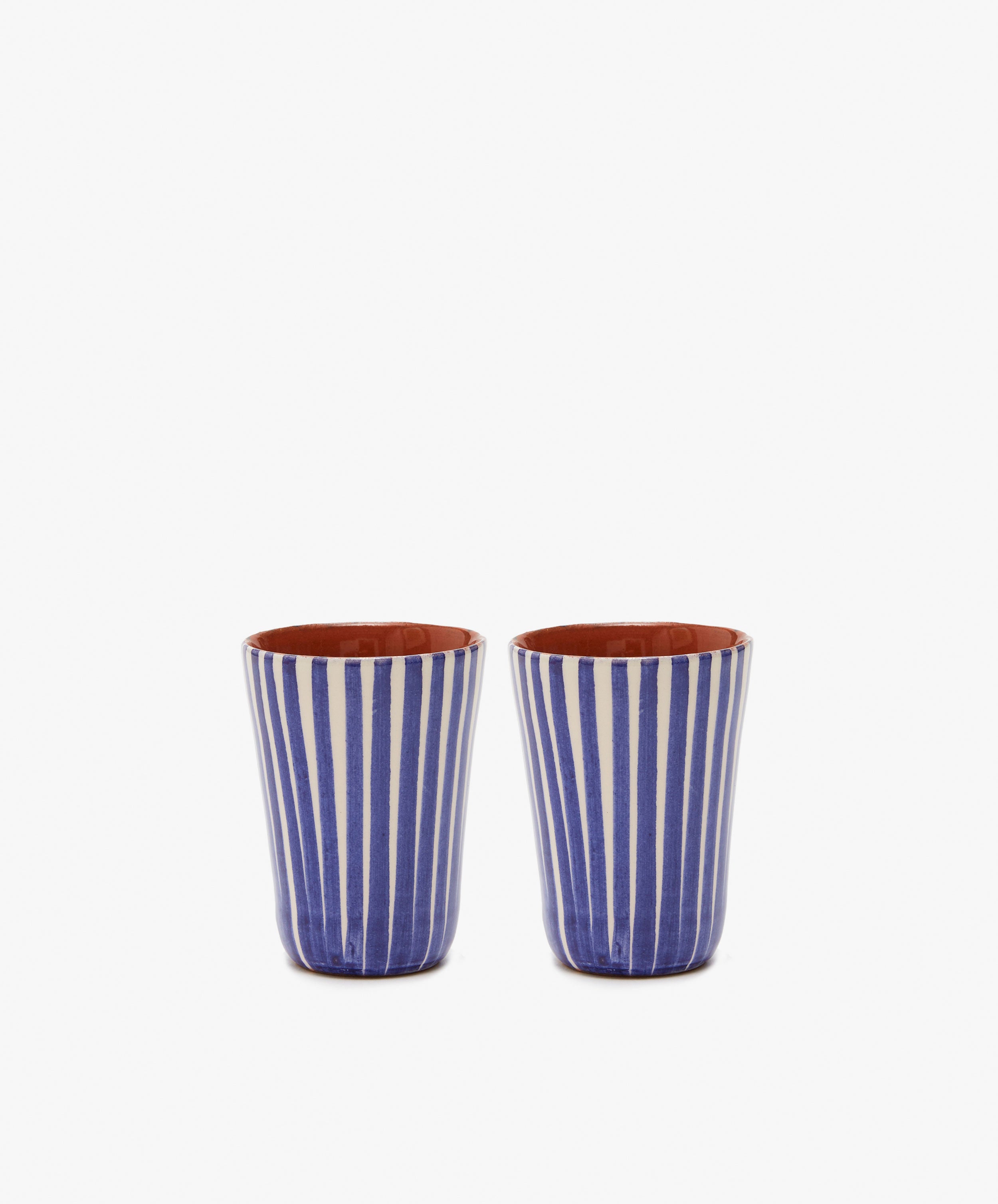 Natalia Espresso Cup. Pair of blue and white striped glazed terracotta tumblers.