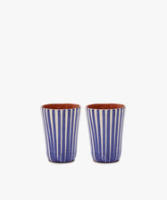 Natalia Espresso Cup. Pair of blue and white striped glazed terracotta tumblers.