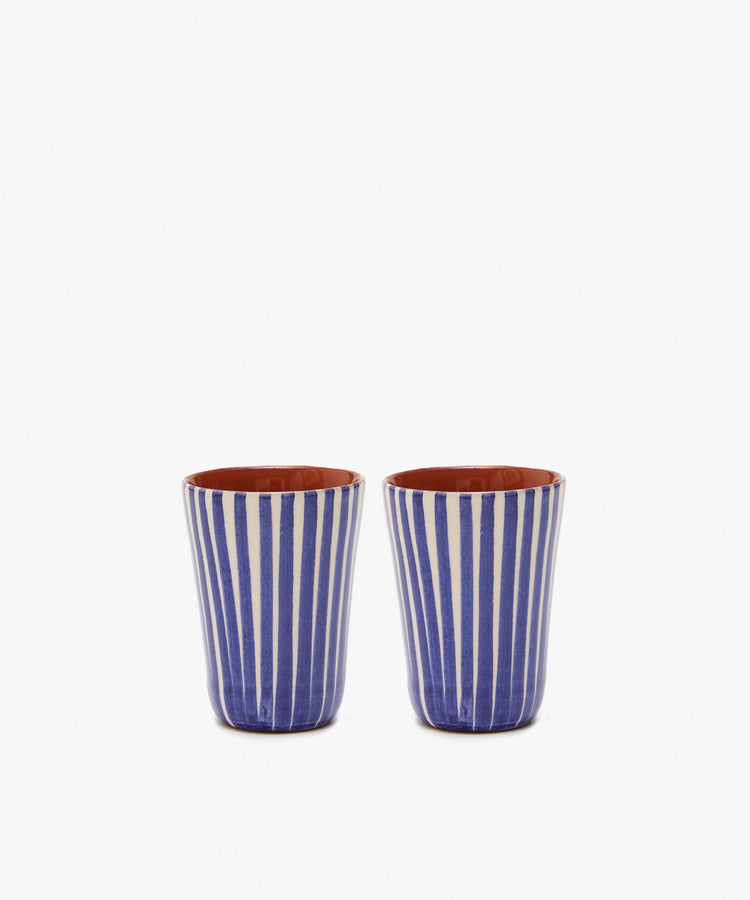 Natalia Espresso Cup. Pair of blue and white striped glazed terracotta tumblers.