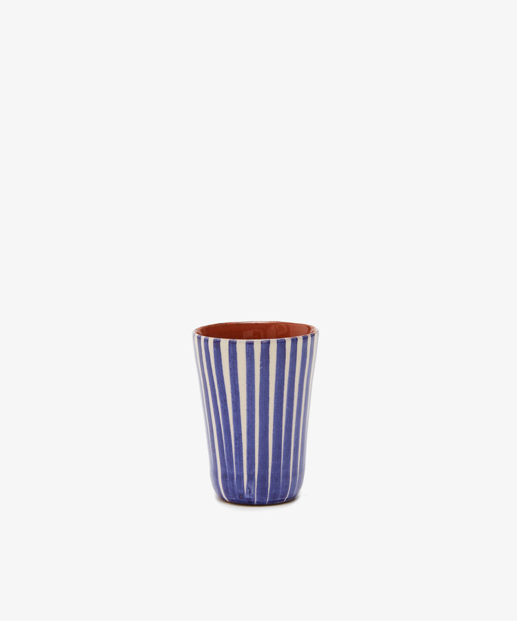 Single blue and white striped glazed terracotta tumbler.