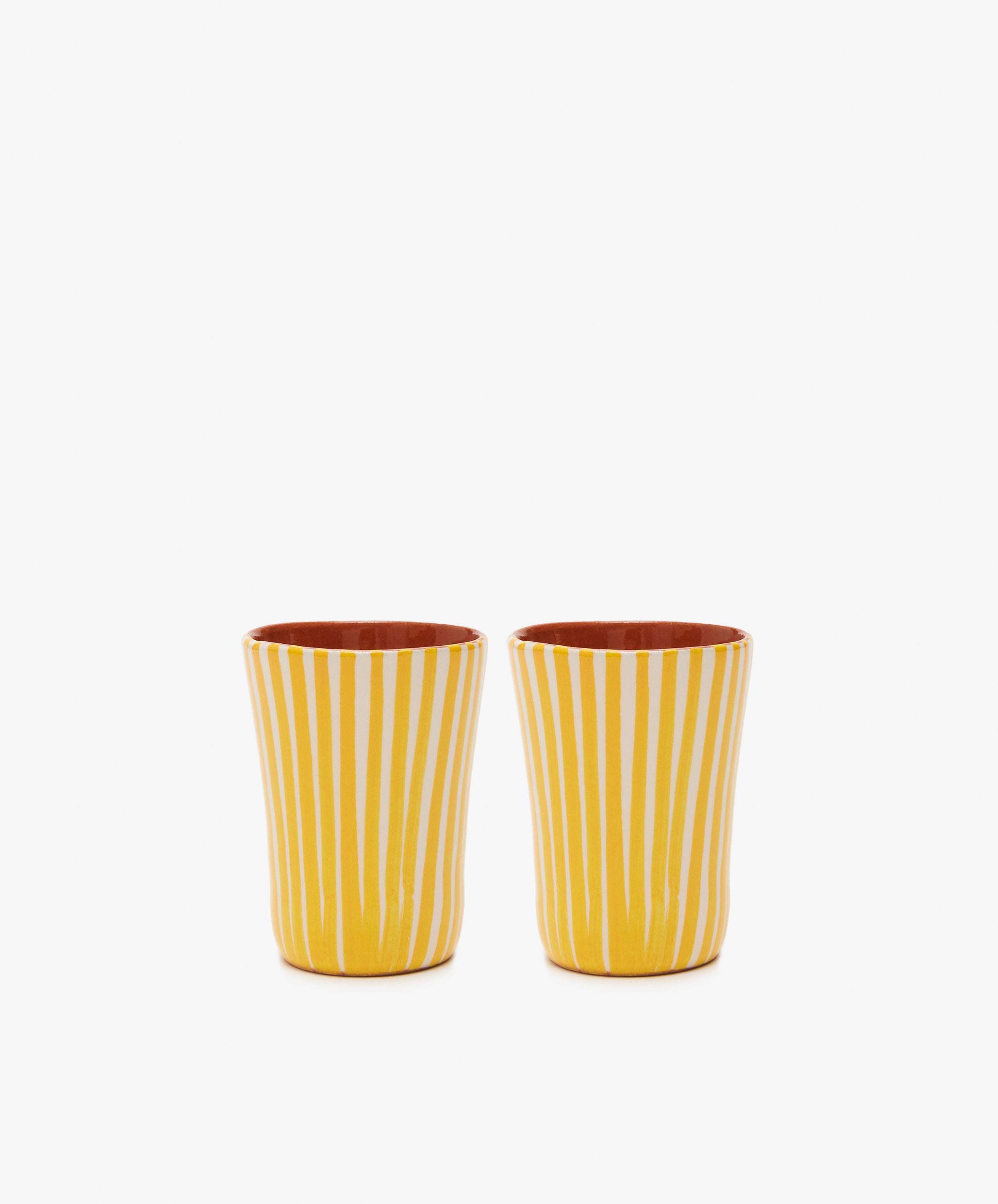 Natalia Espresso Cup. Pair of yellow and white striped glazed terracotta tumblers.