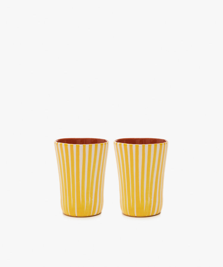 Natalia Espresso Cup. Pair of yellow and white striped glazed terracotta tumblers.