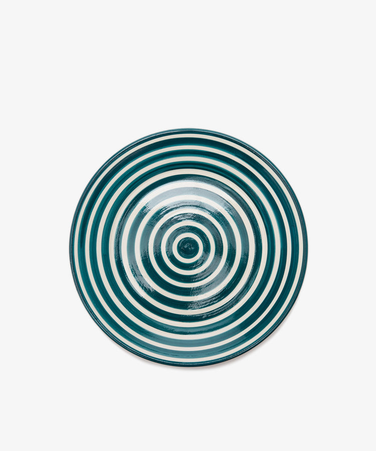 Natalia Platter. Green and white spiral striped glazed terracotta plate.