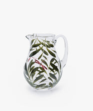Dragonfly Jug by Los Vasos de Agua Clara. Transparent glass pitcher painted with green leaves and red dragonfly.