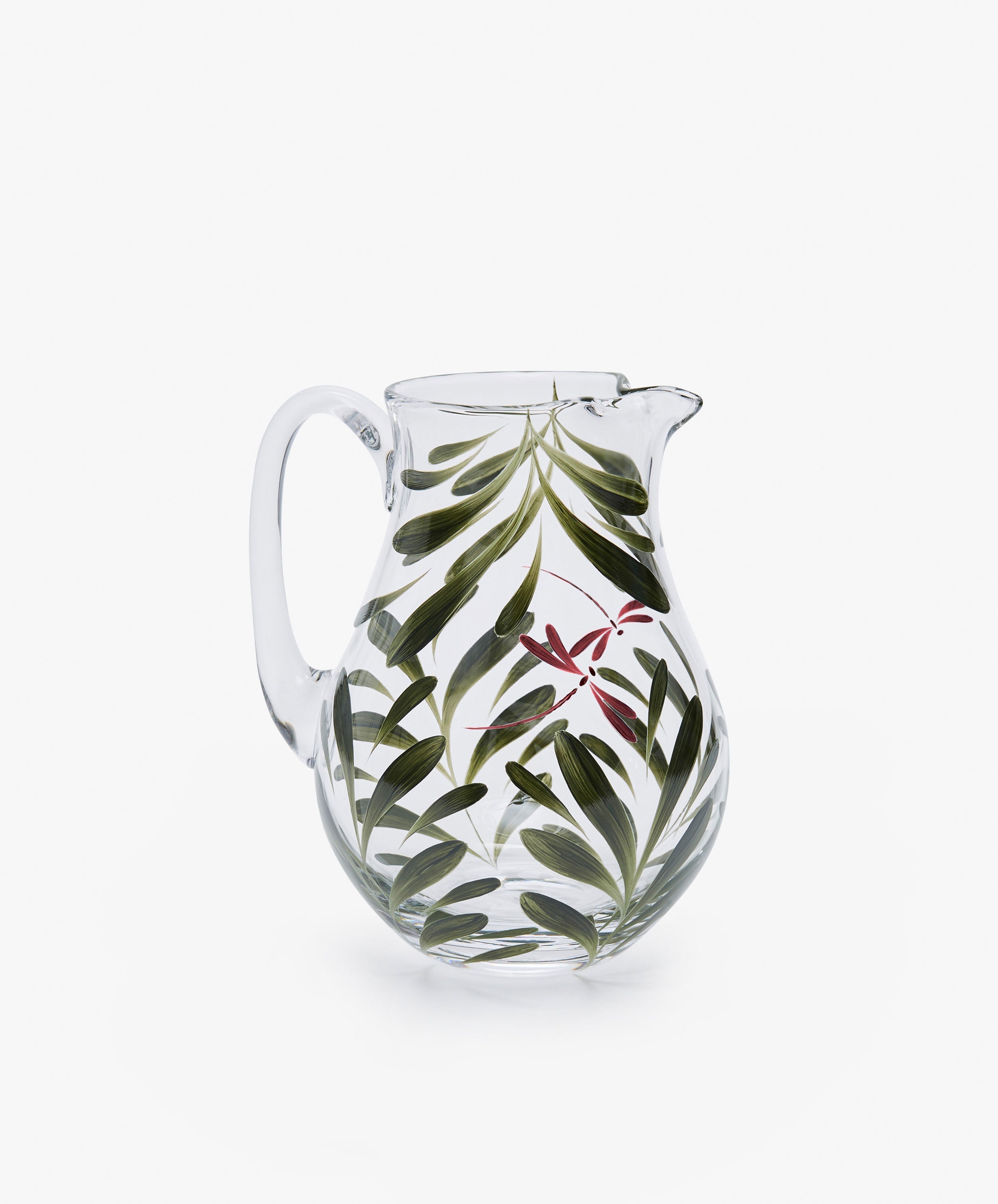 Dragonfly Jug. Transparent glass pitcher painted with green leaves and red dragonfly, back view
