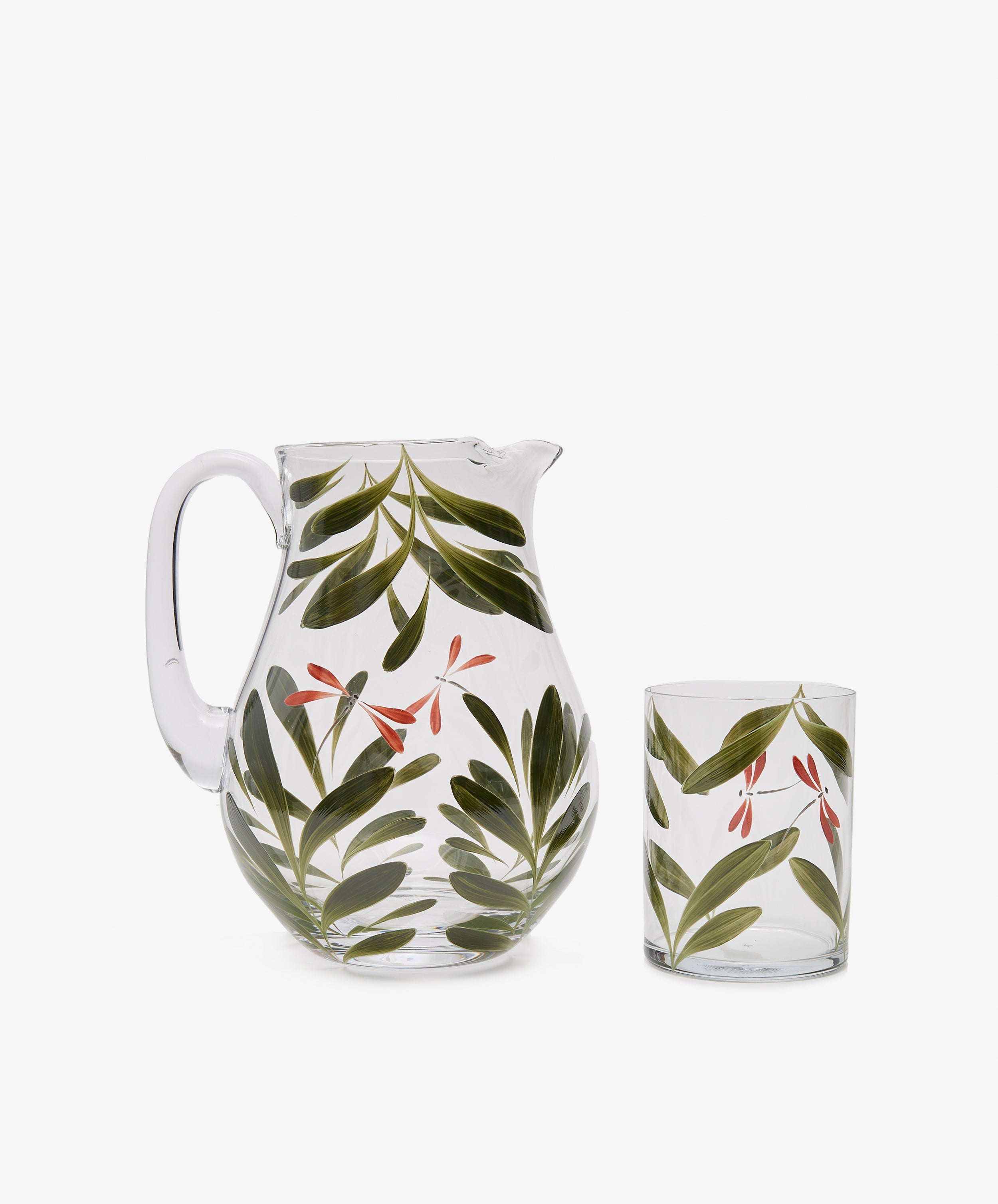 Dragonfly Jug with dragonfly tumbler glass, painted in green leaves.