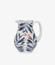 Dragonfly Jug by Los Vasos de Agua Clara. Transparent glass pitcher painted with blue-grey leaves and red dragonfly.