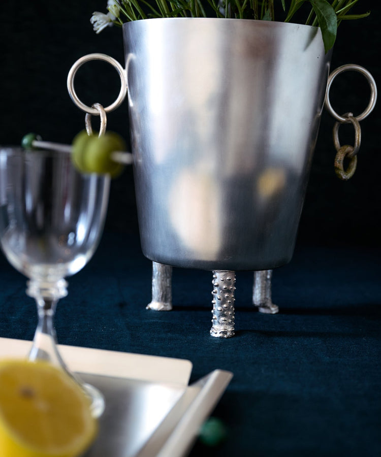 silver ice bucket with flowers 
