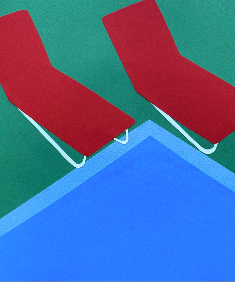 painting of red chairs and pool
