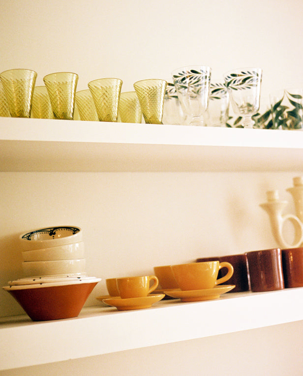 shelves of glassware and ceramics