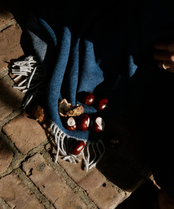 Several chestnuts and an open husk rest on the Ulisse Throw, oceanic blue with white fringe, placed on bricks in partial sunlight.