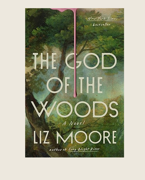 Book cover of 'The God of the Woods' by Liz Moore with a forest scene and pink liquid effect.