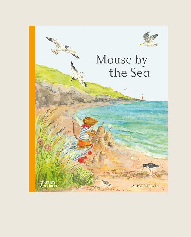Book cover of 'Mouse by the Sea' with a child and mouse on a beach