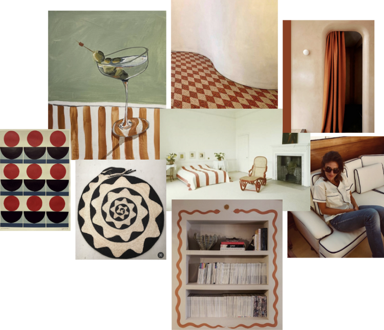 Mood board with retro interiors, bold patterns, art, and vintage-inspired decor.