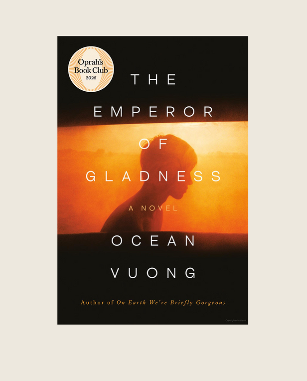 Book cover of 'The Emperor of Gladness' by Ocean Vuong with a silhouette and sunset design.