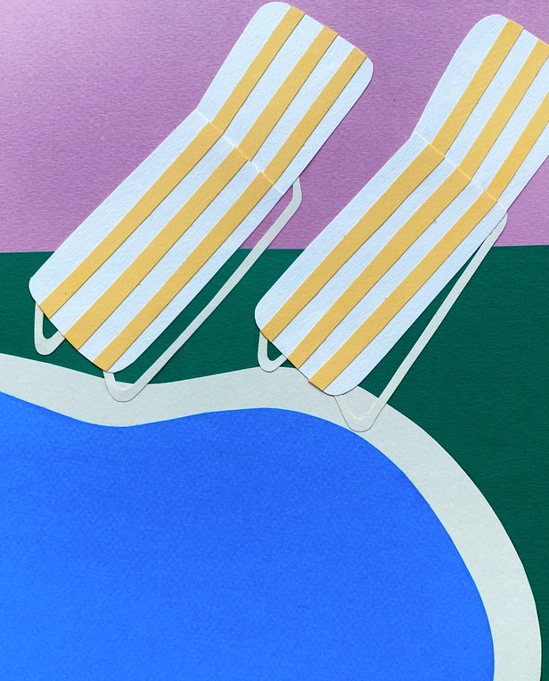 painting of yellow striped cot by pool