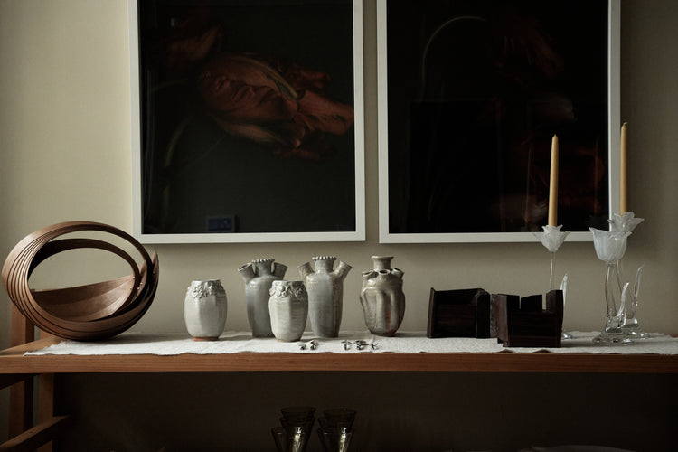 ceramics, candles on wooden table