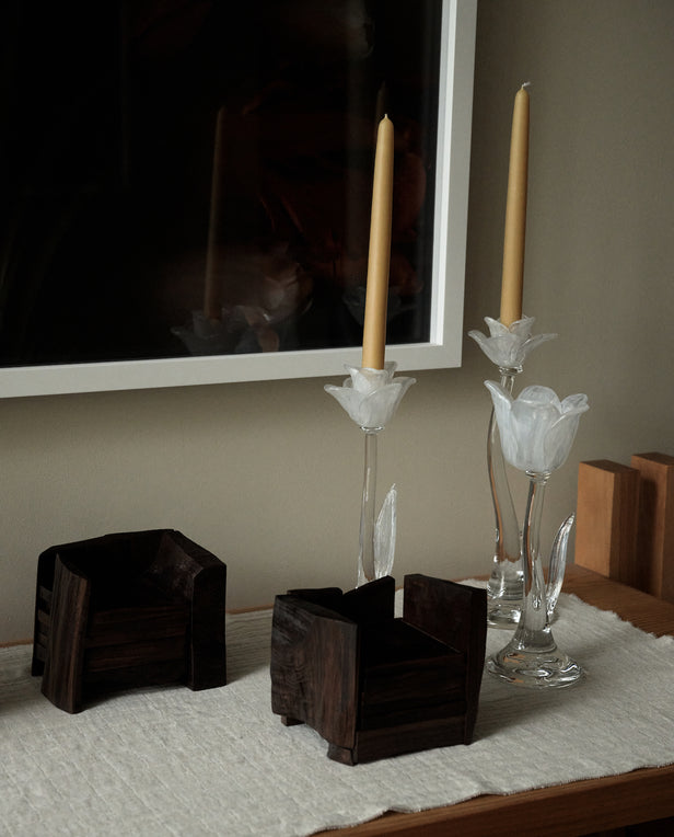 wood object glass candle holders and candle sticks
