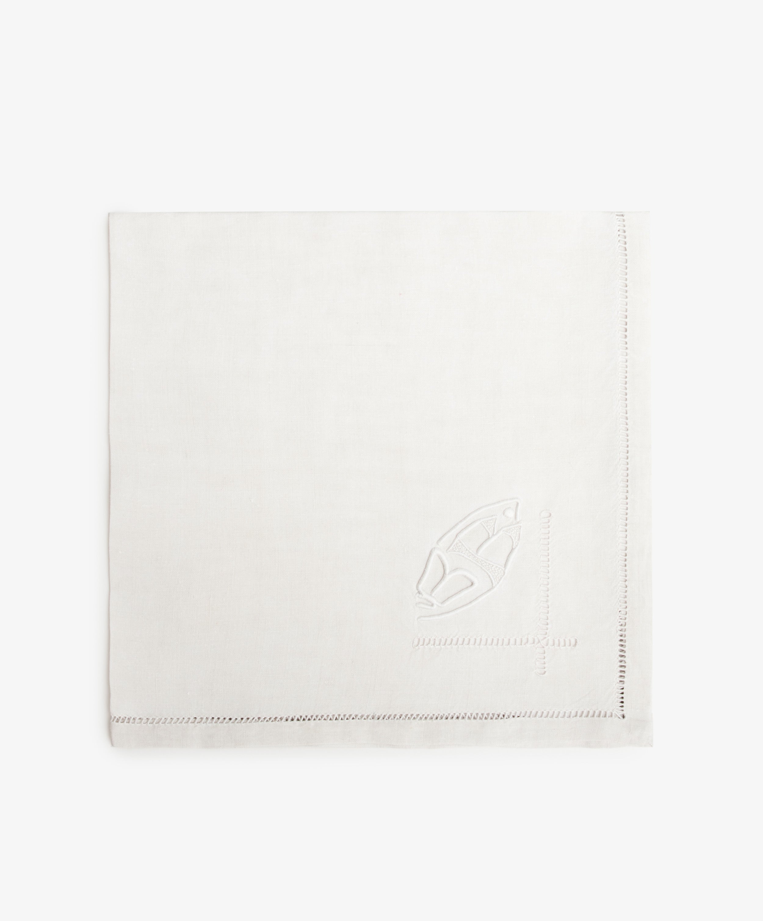 Vintage French Monogrammed Napkin. White damask napkin with embroidered  design motif.