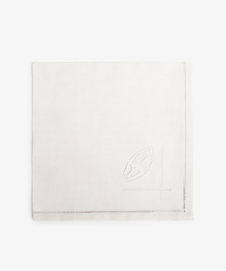 Vintage French Monogrammed Napkin. White damask napkin with embroidered  design motif.