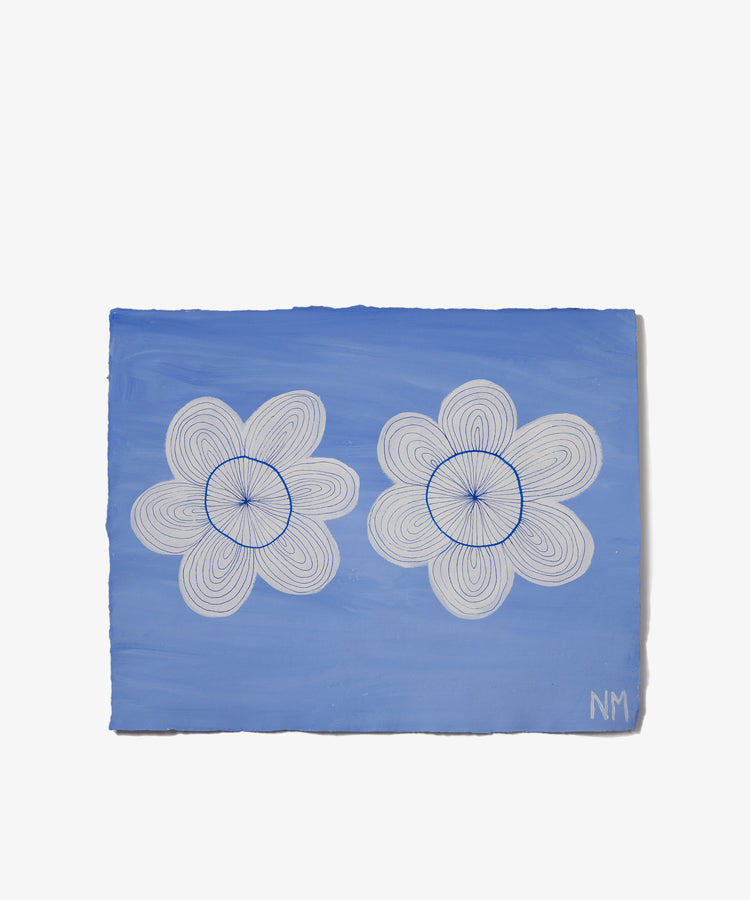 Two White Flowers by Nancy McKie is a botanical painting of two white, spiral-patterned flowers with blue centers on a blue background, signed NM. Featured in the Art360 exhibition.