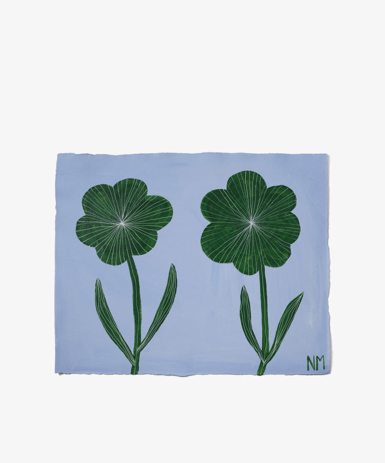 Two Camellias is a painting of two green, stylized flowers with long stems and leaves on a light blue background, showcasing Nancy McKies botanical art and signed with her initials NM in the lower right corner.
