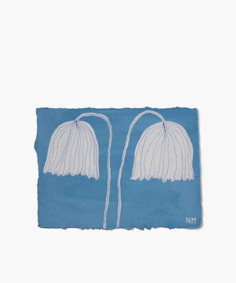 White Flowers is a drawing of two drooping white flowers with thin stems on a blue rectangular background, created for the Art360 exhibition by Nancy McKie, with her initials NM in the bottom right corner.