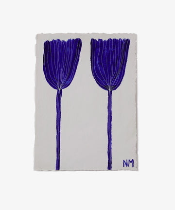 Standing Together: A minimalist illustration of two tall, blue tulip-like flowers with long stems on white paper, signed NM—a striking botanical work from PORTA’s Art360 exhibition.