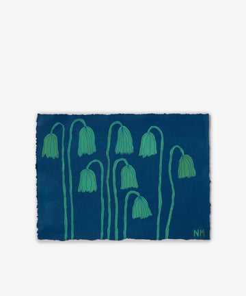 Growing Together is a botanical artwork with seven drooping, bell-shaped green flowers on long stems against a dark blue background; NMs initials appear in the lower right. It was created for the Field Studies Art360 exhibition.