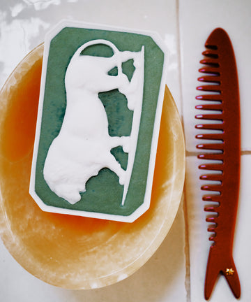 The Clean & Comb Bundle features a green and white rectangular Ancient Lion soap with a raised bull design on a round dish, next to a brown Capri sardine comb, both arranged on a tiled surface.