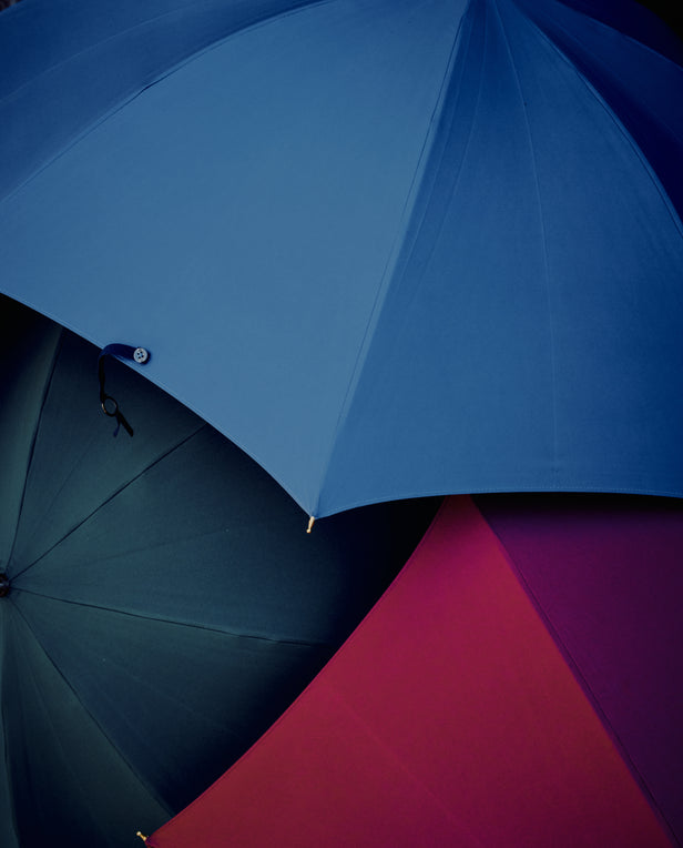 Three overlapping Victoria Ladies Umbrellas in blue, green, and red canopies are viewed from above against a dark background.