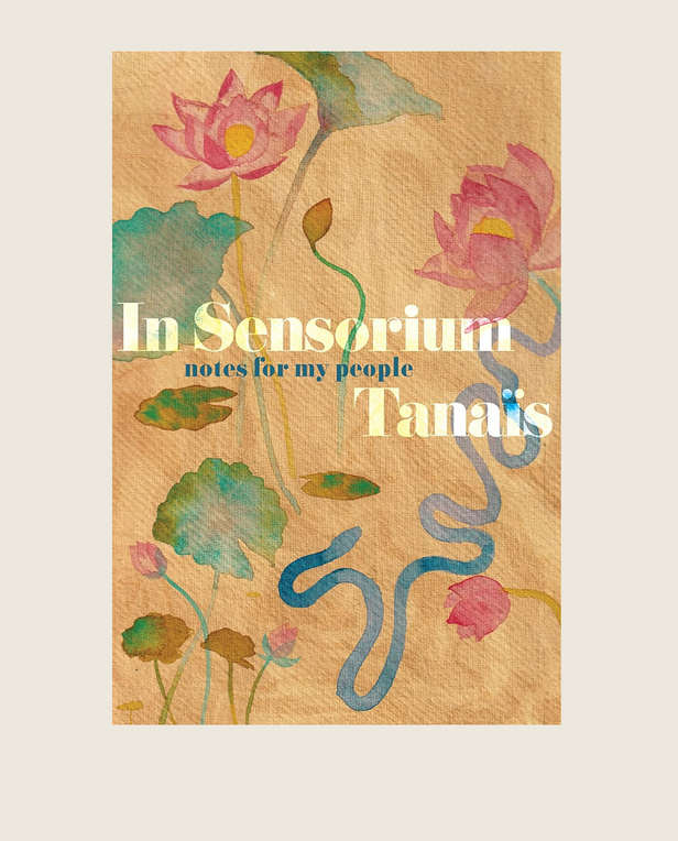 Book cover with floral design and text 'In Senserium notes for my people Tanais' on a beige background