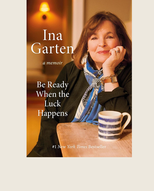 Book cover featuring a woman with a mug and text about 'Be Ready When the Luck Happens' by Ina Garten