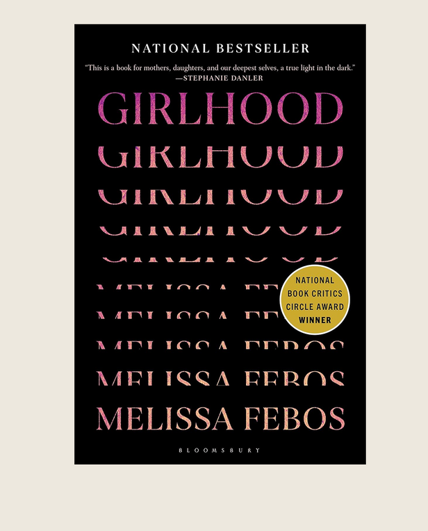 Book cover of 'Girlhood' by Melissa Febos with pink text on a black background