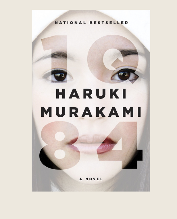 Book cover of '1Q84' by Haruki Murakami with a stylized face design.