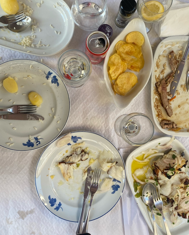 plates with fish and chips eaten