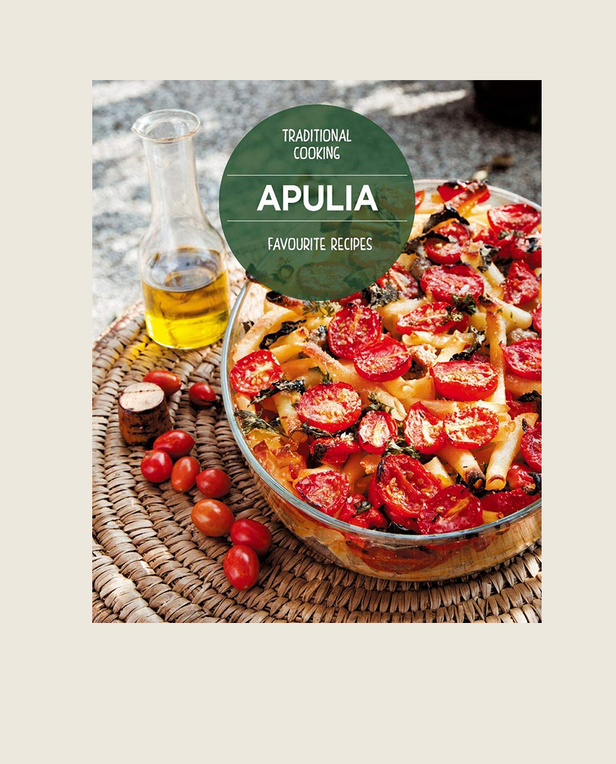 Cookbook cover with a dish of pasta and tomatoes, labeled 'Apulia Favourite Recipes'.