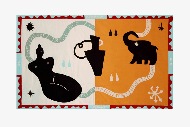 orange and white toned quilt with black elephant and women and just on it